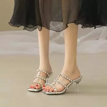 2024 Лето Новая Мода Сексуальные Прозрачные Квадратные Головы Открытый Носок Однотонная Внешняя Одежда Женские Тапочки Женская Обувь 35 золотой