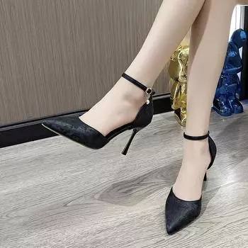 2024 Лето Новая модная верхняя одежда Женская обувь на высоком каблуке с острым носком и неглубоким носком Однотонная однотонная обувь с пряжкой в одну линию 34