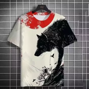 2024 Лето Новая мужская летняя повседневная футболка с 3D-принтом Wolf Fierce Print унисекс короткая рубашка S