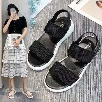 2024 Лето Новая Простая Плоская Верхняя Одежда Fairy Roman Beach Женские Спортивные Сандалии Женские Эластичные Эластичные 35 чёрный