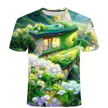 2024 Лето Новая Весна/Лето Пейзаж Серия 3D Цифровой Печатный Футболка Для Повседневного И Удобного Мужчин и Женщин Футболка С Круглым Вырезом XS