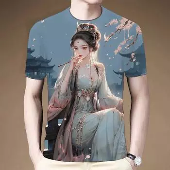 2024 Лето Новинка 3D Печатный Древний Стиль Красота Шарм Красота Повседневная Мода Круглый Вырез Футболка XS