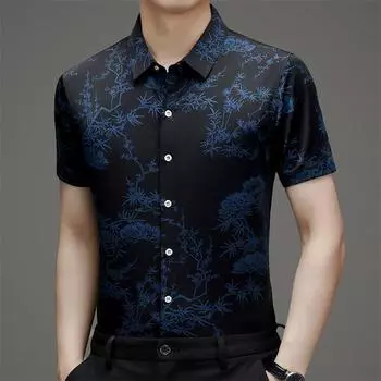 2024 Лето, новинка, летняя мужская рубашка с короткими рукавами и животным узором в цветочек, топ M чёрный