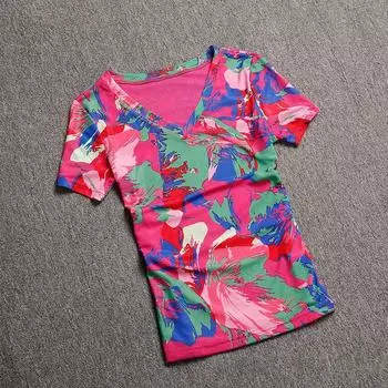 2024 Лето Новинка Розово-красный Топ в западном стиле с V-образным вырезом Футболка с принтом из сетки с коротким рукавом Женская облегающая рубашка с рукавом до локтя Rose Red 3XL