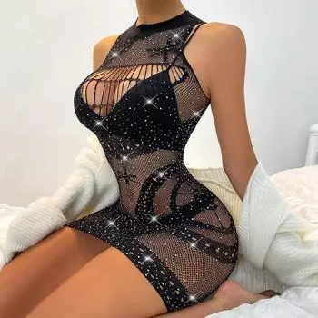 2024 Лето Новое Пляжное Клубное Модное Безрукавное Сексуальное Прозрачное Сексуальное Платье Сетчатое Мини-Платье С Вырезом Y2k Обтягивающее Ночное Платье Горячее Облегающее Платье S