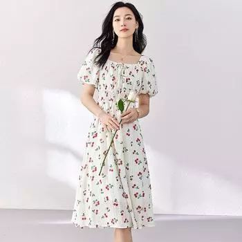 2024 Лето Новое поступление Повседневное платье из вишневого шифона с квадратным вырезом, женское, с короткими рукавами-фонариками, высокой талией и А-силуэтом Flower color XL