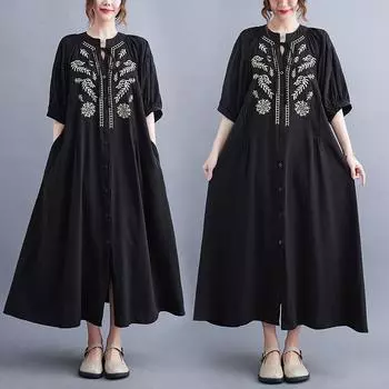 2024 Лето Новое Женское Платье Плюс Размер Свободный и Удобный Модный Вышитый Кардиган Повседневный Средней Длины Платье XL чёрный