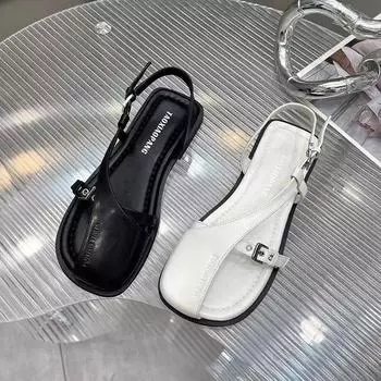 2024 Лето Новые Baotou Hollow Soft Leather Flat One Word Buckle Casual Fashion Women Sandals Sandals Platform Sandals 35 чёрный