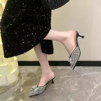 2024 Лето Новые Baotou Полутапочки Женская Обувь Модные Стразы Острый Носок Высокий Каблук Сандалии Бабочка Женские Мюли Шлепанцы 35 бежевый