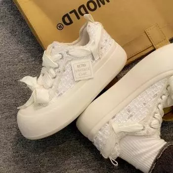 2024 Лето Новые Белые Розовые Парусиновые Туфли для Женщин Модные Повседневные Однотонные Туфли На Платформе Кружева Женские Zapatos De Mujer 35