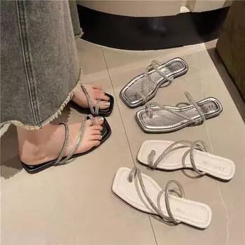 2024 лето новые большие размеры со стразами носок квадратный низ крутые тапочки женские модные крутые тапочки женские 35 белый