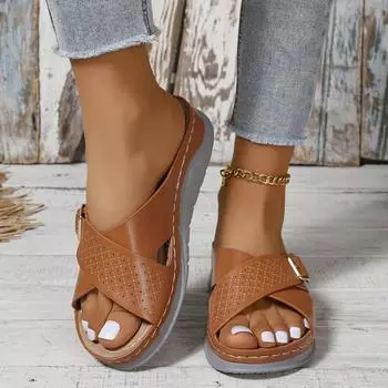 2024 лето новые босоножки на танкетке с перекрестными ремешками пляжные сандалии женские большие размеры женская обувь 37 чёрный