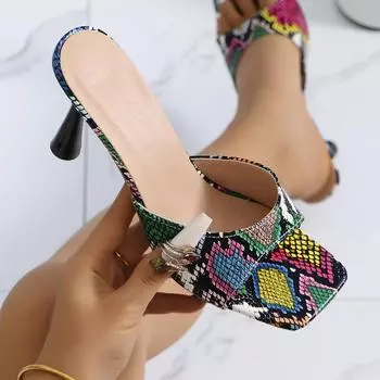 2024 лето новые босоножки на высоком каблуке со змеиным узором с одним иероглифом квадратная голова сексуальная леопардовый принт верхняя одежда крутые тапочки 36