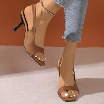 2024 лето новые босоножки на высоком каблуке женские с ремешком сзади с открытым носком тонкий каблук квадратная голова большой размер рыбий рот 35 чёрный