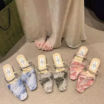 2024 Лето Новые Фея Ветер Нежные Кружева Квадратная Голова Модные Темпераментные Баотоу Плоские Женские Тапочки 35 серый