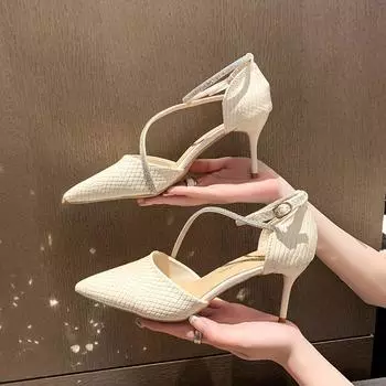 2024 лето новые французские стразы заостренные однословные пряжки ремешок шпильки высокие каблуки сумка головка полые сандалии женские 35
