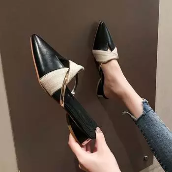 2024 Лето Новые Классические Туфли Женские Шлепанцы Из Искусственной Кожи С Покрытием Носка Уличные Тапочки Квадратный Каблук Дамы Острый Носок Полутапочки 35 бежевый