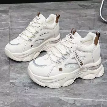 2024 Лето Новые Кроссовки с Увеличенным Внутри Женские Толстые Подошвы Сетчатая Поверхность Дышащая Повседневная Обувь Студенческие Кроссовки Для Бега Женщин 35 белый