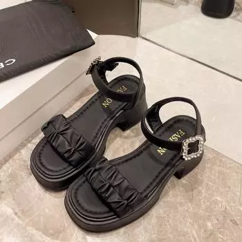 2024 Лето Новые Круглые Носки Открытый Носок Однотонные Водные Алмазные Пряжки Толстая Подошва Сексуальные Удобные Сандалии Для Внешнего Ношения 35 бежевый