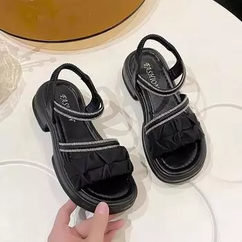 2024 Лето Новые Круглые Носки Открытый Носок Однотонные Водные Алмазные Пряжки Толстая Подошва Сексуальные Удобные Сандалии Для Внешнего Ношения 35 бежевый