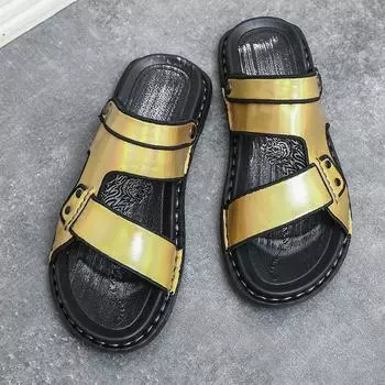 2024 Лето Новые Модные Кожаные Сандалии Мужские Уличные Тапочки Деловая Обувь Высокого Качества Легкие Мягкие Крытые Ботинки-Шлепанцы Плюс Размер 39 золотой