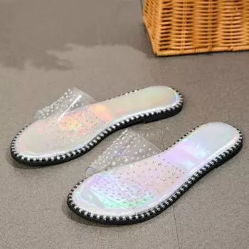2024 Лето Новые Модные Круглые Носки Открытые Носки Водные Алмазы Большие Размеры Женские Тапочки Для Внешней Носки Удобная Женская Обувь 36 серебряный
