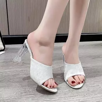 2024 Лето Новые Модные Круглые Носки Открытый Носок Однотонные Сексуальные Каблуки со Кристаллами Большие Универсальные Удобные Тапочки Женская Обувь 34 бежевый