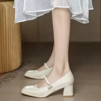 2024 Лето Новые Модные Квадратные Головы Однотонные Светлые Губы Универсальные Удобные Носимые Женские Туфли Мэри Джейн 34 бежевый