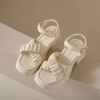 2024 Лето Новые Модные Однотонные Круглые Носки Толстая Подошва Открытый Носок Одна Линия Пряжка Ремешок Сексуальная Верхняя Одежда Женские Сандалии 35 бежевый