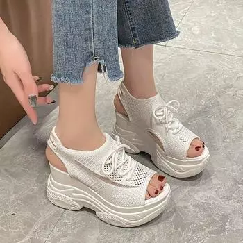 2024 лето новые модные вязаные босоножки с застежкой-молнией спереди и узором «рыбий рот» 35 белый