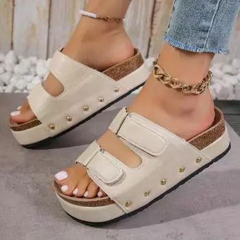 2024 лето новые модные женские пляжные тапочки с толстой подошвой и заклепками с двойной пряжкой популярные 36 коричневый