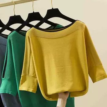 2024 Лето Новые Модные Женские Трикотажные Свитера С Коротким Рукавом Топы Пуловер О-Образным Вырезом Черный Трикотажный Женский Свитер JJ36 One Size жёлтый