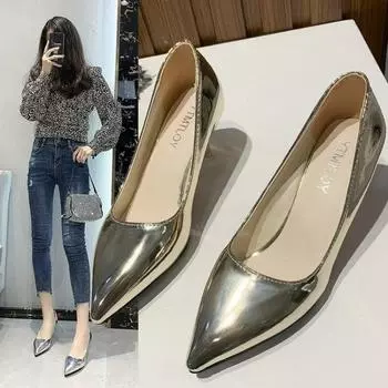 2024 Лето Новые Модные Женские Туфли-лодочки Из Лакированной Кожи На Высоком Каблуке Золотые Рабочие Туфли Без Застежек На Квадратном Каблуке Sapatos Femininas 33 серебряный