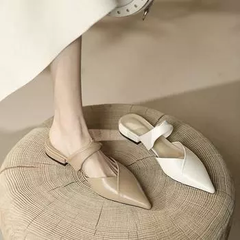 2024 Лето Новые Мюли Тапочки Модные Остроконечные Однотонные Женские Полутапочки Мягкие Туфли Из Искусственной Кожи Laides Туфли На Низком Каблуке 35 бежевый