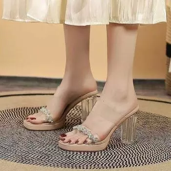 2024 Лето Новые Открытые Носки Прозрачная Верхняя Одежда Женские Тапочки С Кристаллами Толстая Подошва Сексуальные Высокие Каблуки Удобные Одиночные Туфли 34