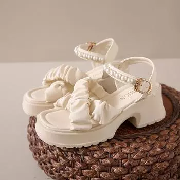 2024 Лето Новые Открытый Носок Перламутровые Пуговицы Ремешок Толстая Подошва Водонепроницаемые Платформа Сандалии для Женщин Толстая Подошва Туфли Для Женщин 35 бежевый