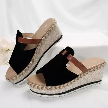 2024 лето новые пеньковые веревочные плетеные тапочки на толстой подошве танкетки женские односложные сандалии женская обувь 36 чёрный