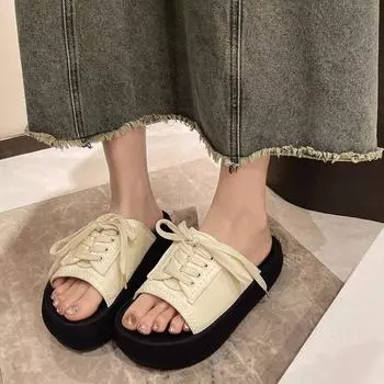 2024 Лето Новые плоские тапочки женские на шнуровке корейская версия повседневные сандалии тапочки мягкие толстые подошвы спортивные модные шлепанцы обувь 35 чёрный