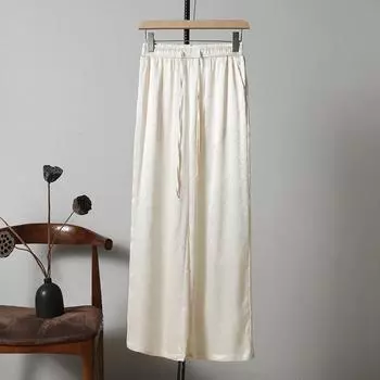 2024 лето новые прямые брюки из искусственного шелкового атласа драпированные женские свободные повседневные универсальные и тонкие широкие брюки XL бежевый