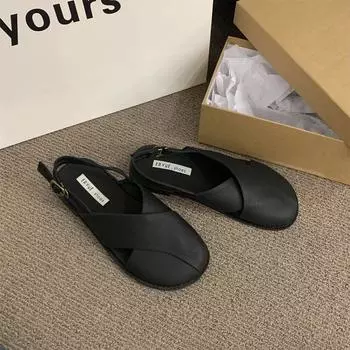 2024 лето новые сандалии женщины носят туфли на низком каблуке с юбками французские женские сандалии с мешком на голове 35 чёрный