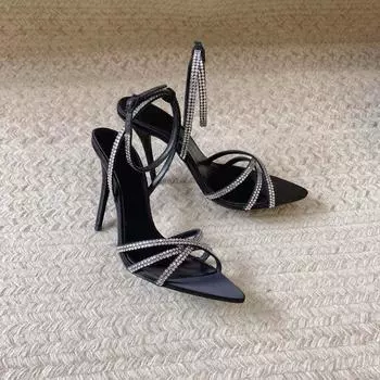 2024 лето новые стразы коричневые шпильки сексуальные атласные с открытым носком заостренные сандалии с одним словом перекрещивающиеся ремешки женские 34