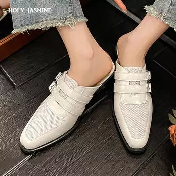 2024 Лето Новые Тапочки Muller из сетчатой ткани Женская Обувь Пряжка Женские Высокие Туфли С Квадратным Носком Шнуровка Каблуки Женская Обувь Для Женщин 34 белый