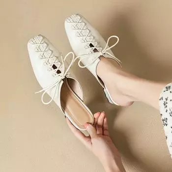 2024 Лето Новые Тапочки Muller Женские Квадратные Носки Повседневные Рабочие Удобные Туфли На Высоком Каблуке Мягкие Туфли Из Натуральной Кожи Женские Лаконичные 34 хаки