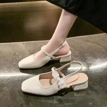 2024 лето новые толстые каблуки нежные темпераментные квадратные босоножки на среднем каблуке женские неглубокие носки с принтом в виде нового китайского мешка 35 белый