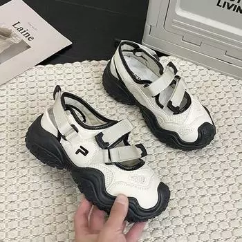 2024 Лето Новые Туфли Mary Jane Retro Ugly женские Сандалии из сетчатой ткани с толстым дном и полыми резиновыми подошвами Противоскользящая одежда 35 бежевый