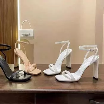 2024 Лето Новые Узкие Женские Босоножки Туфли Тонкий Высокий Каблук Квадратный Носок Женские Ремешок Пряжка На Лодыжке Сексуальные Туфли-Лодочки 35 абрикосовый