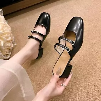 2024 Лето Новые Внешние Носить Женские Тапочки Кожаные Пряжки Мелкий Носок Универсальные Удобные Туфли На Высоком Каблуке Для Женщин 35 чёрный