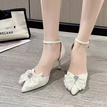 2024 Лето Новые Внешние Сандалии Женские Остроконечные Бантики Перл Мелкий Рот Стиль Феи Удобные Туфли На Высоком Каблуке 34 бежевый