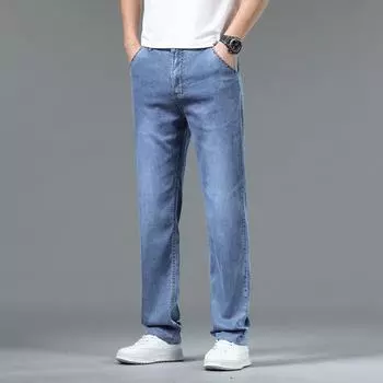 2024 Лето Новые Высококачественные Джинсы Мужские Свободные Прямые Брюки Эластичные Тонкие Мужские Брюки 28 светло-синий