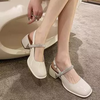 2024 лето новые высокие каблуки темперамент средний каблук алмазные босоножки массивные туфли Мэри Джейн женские туфли туфли-лодочки 35